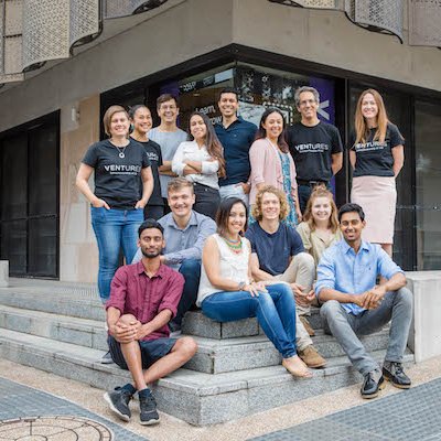 Ventures ilab Accelerator 2021 cohort sitting on the steps at UQ's St Lucia campus.